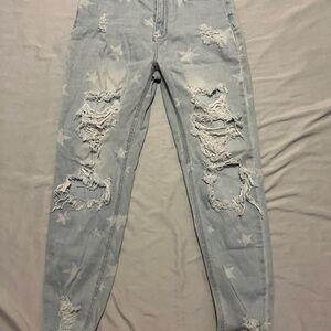 Distressed Star Patterned Light Blue Jeans